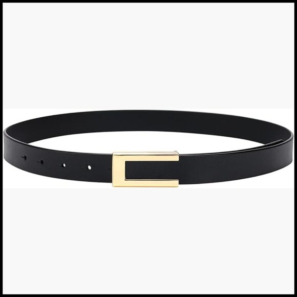 Genuine Leather Skinny Belt with Gold-Tone Buckle for Dresses Jeans